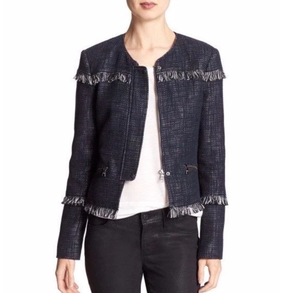 Banana Republic Fringe Jacket Womens 12P Navy Tweed Cotton‎ Linen Zip 923111-00